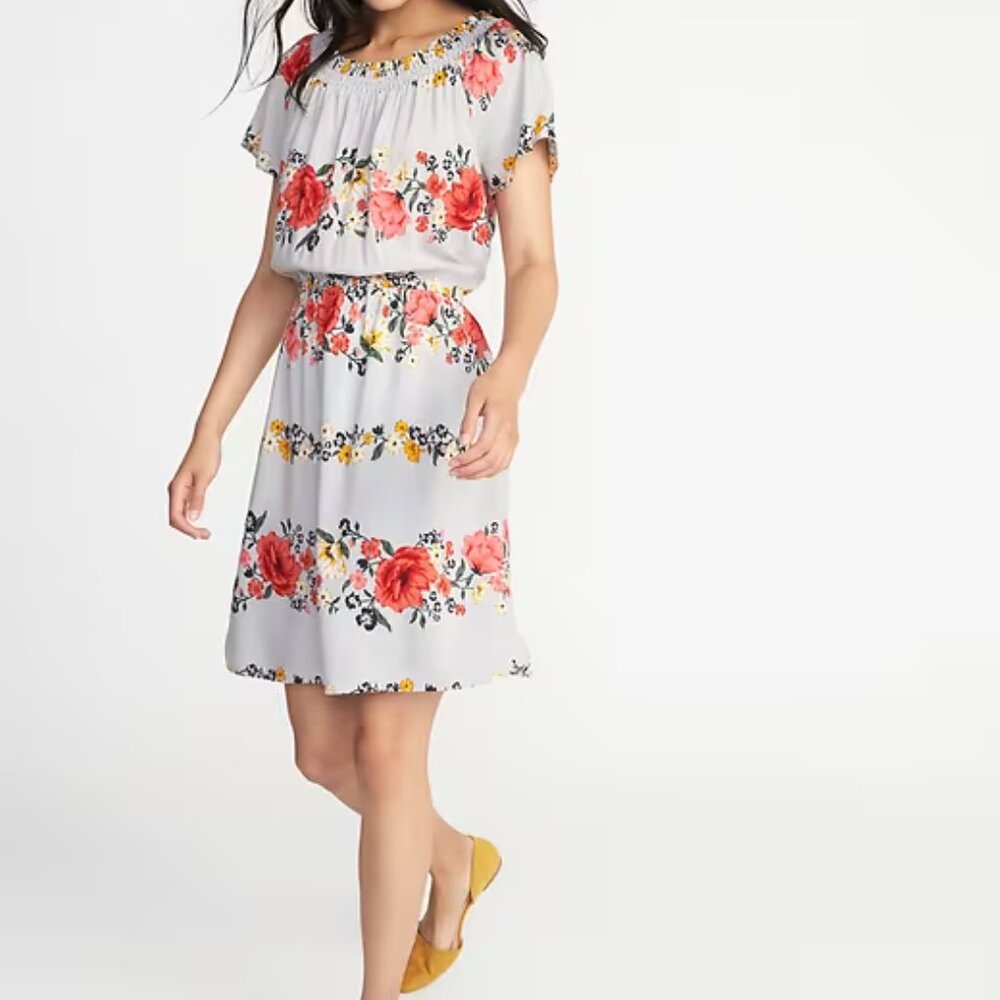 Old Navy Grey Floral Waist-Defined Smocked-Neck Dress Size L